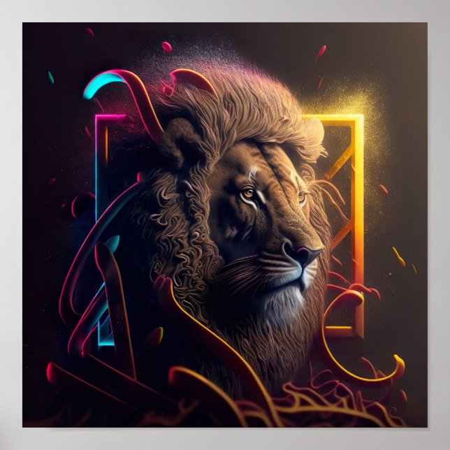 Neon Lion - Motivierend Graffiti Style Realism Ca Poster (Vorne)
