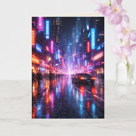 Neon-Lit Cyber Punk City at Night Blank Art Card Karte