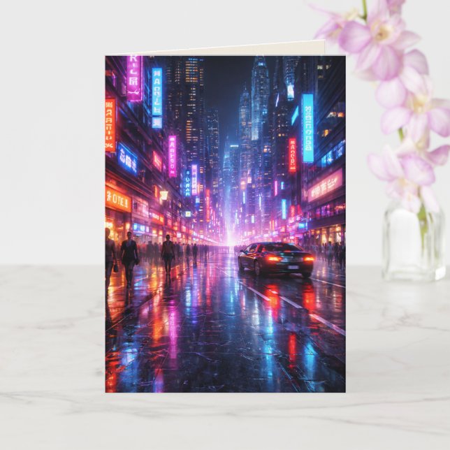 Neon-Lit Cyber Punk City at Night Blank Art Card Karte (Orchidee)