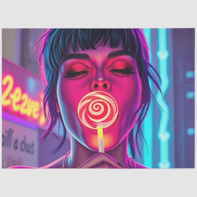 Neon Lollipop Pop Art – Cyberpunk Candy Girl  Seidenpapier (Vorderseite)