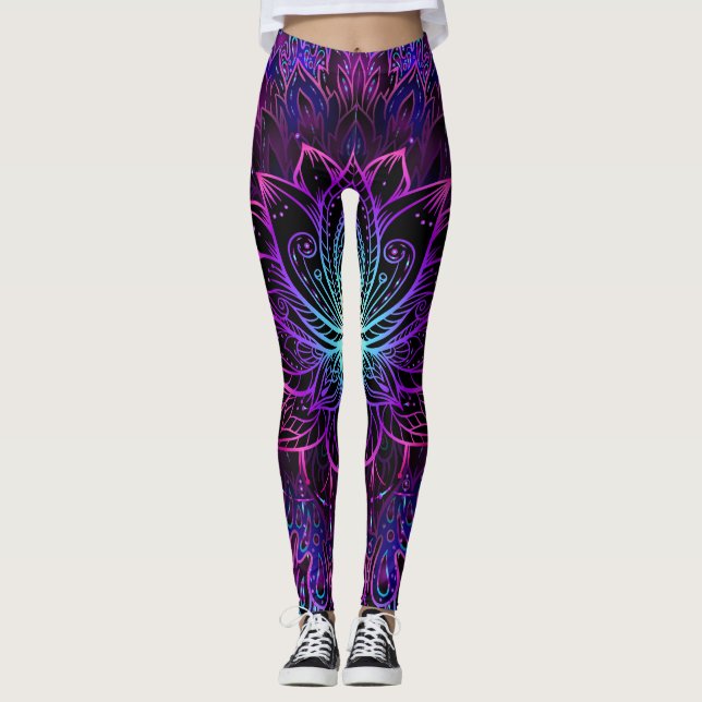 Neon Lotus Blume Boho Print Leggings (Vorderseite)