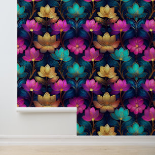 Neon Lotus Blume Rosa Aquamarines goldenes Blau Ab Tapete