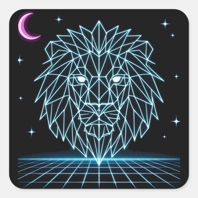 Neon-Löwe Synthwave - Retro-König Raubtier Quadratischer Aufkleber (Vorderseite)