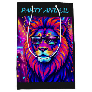 Neon Löwen Party Tier – Farbige Retro-Grafik Mittlere Geschenktüte