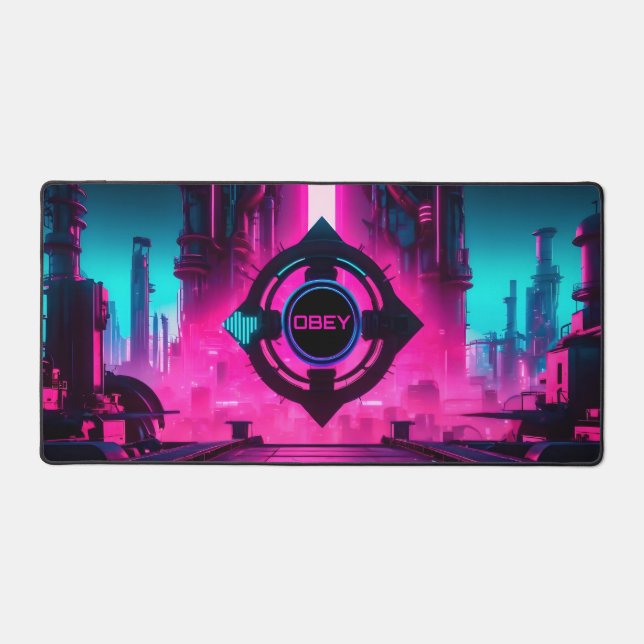 Neon Magenta Cyan Cyberpunk City Obey Gamer Schreibtischunterlage (Vorderseite)