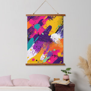 Neon-Magenta-Lila-Grunge-Farbspritzer Wandteppich Mit Holzrahmen