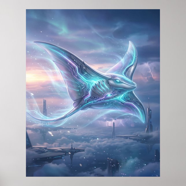 Neon-Manta-Rochen-Himmel-Ozean Poster (Vorne)