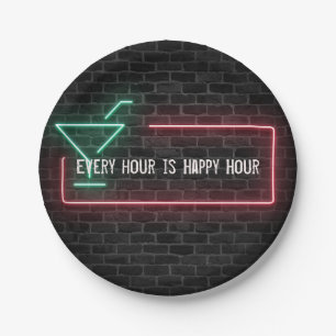 Neon marquee Happy Hour-Zeichen Pappteller