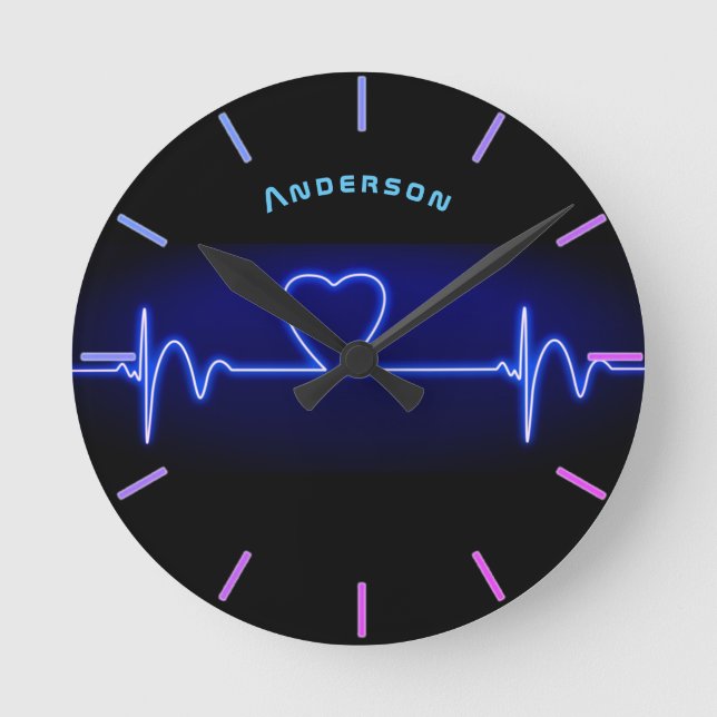 Neon Medical Heart Monitor Beat Personalisiert Wal Runde Wanduhr (Vorderseite)