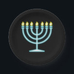 Neon Menorah Pappteller<br><div class="desc">Blaue Menorah im Neon-Zeichen-Stil.</div>