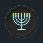 Neon Menorah Pappteller<br><div class="desc">Blaue Menorah im Neon-Zeichen-Stil.</div>
