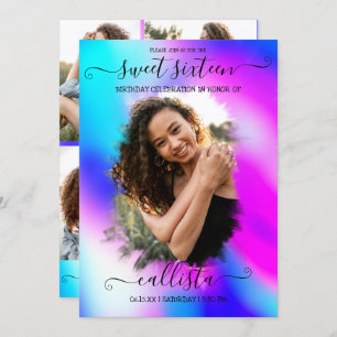 Neon Mermaid Holographic Foto Collage Sweet 16 Einladung