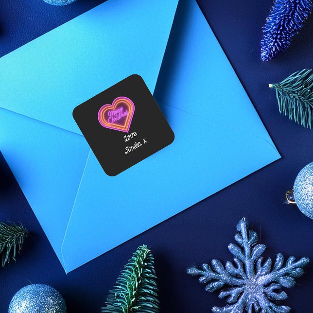 Neon Merry Christmas Personalisiert Quadratischer Aufkleber (Von Creator hochgeladen)