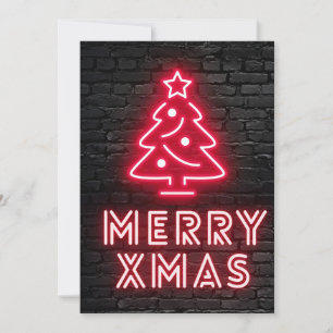 Neon Merry Xmas Red Tree Black Brick Wall Feiertagskarte