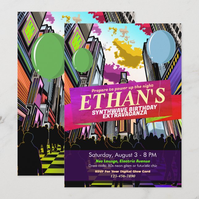 Neon Metropolis City Lights Einladung zum Geburtst (Vorne/Hinten)