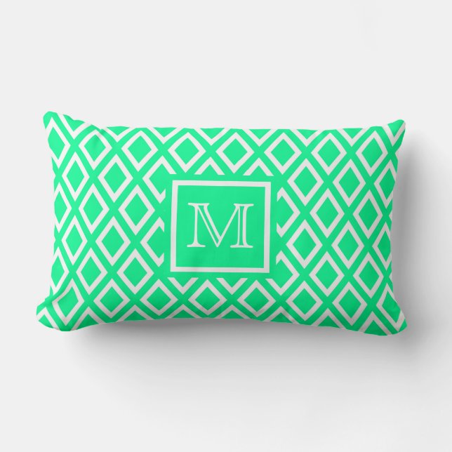 Neon-Minze-Diamantmuster-Monogramm Lendenkissen (Vorderseite)