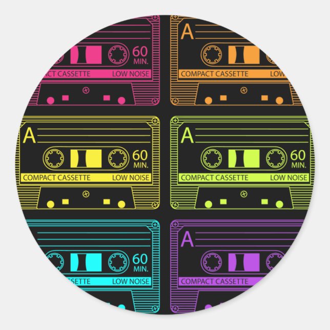 Neon Mix Tapes Runder Aufkleber (Vorderseite)