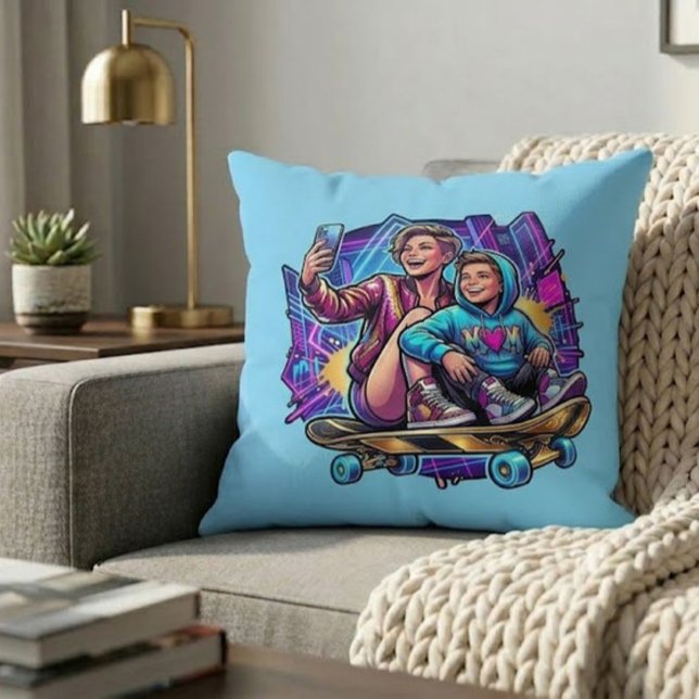 Neon Mom Son Skateboarding Art Theme Throw Pillow Kissen (Von Creator hochgeladen)