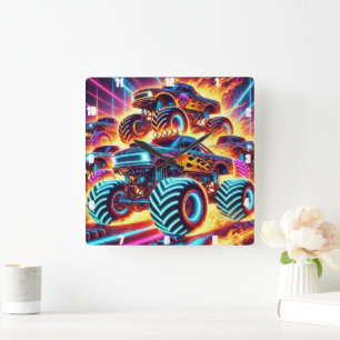 Neon Monster Trucks auf einer flammengepackten Akt Quadratische Wanduhr