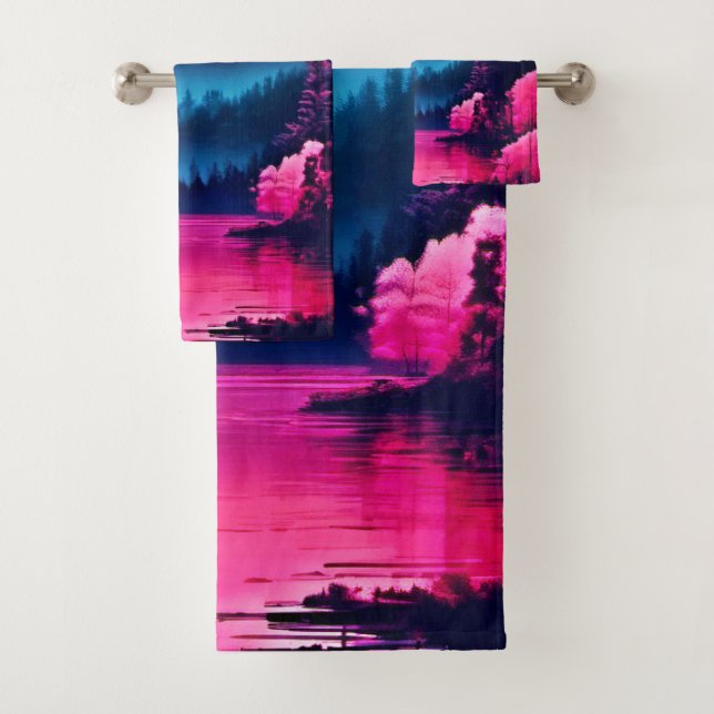 Neon Moonlit Fantasy Forest Lake Badhandtuch Set (Insitu)