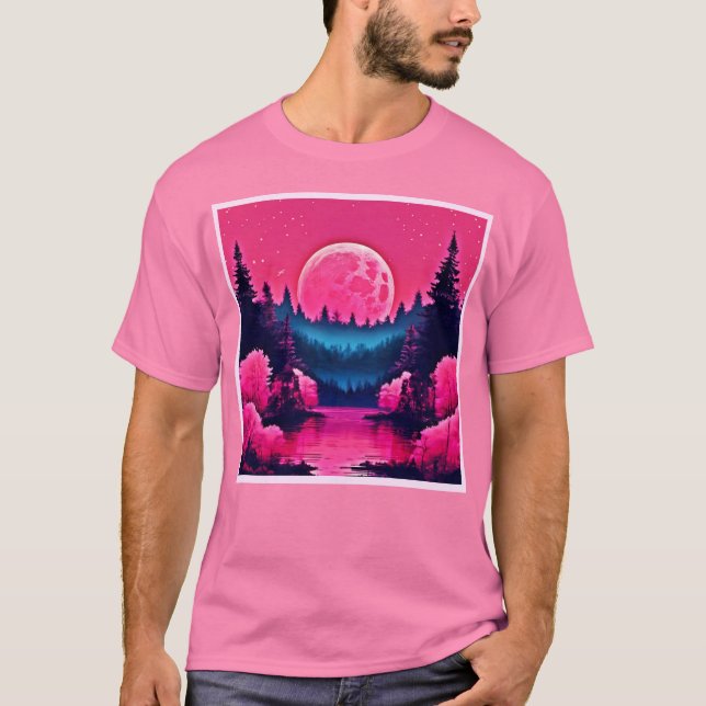 Neon Moonlit Fantasy Forest Lake T-Shirt (Vorderseite)