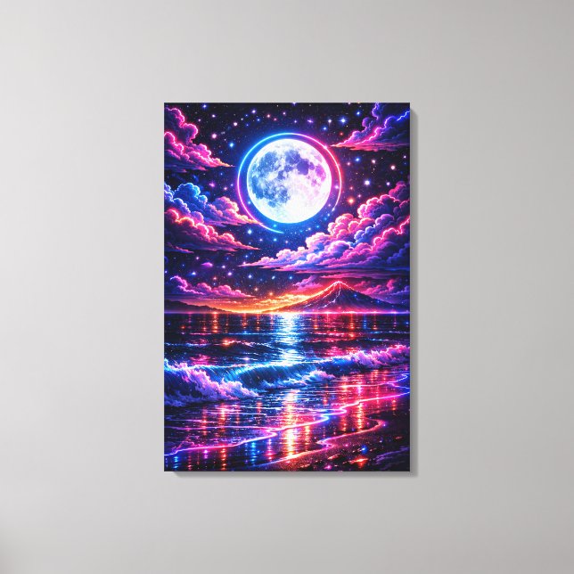 Neon Moonlit Ocean – Cosmic Night Seascape Art Leinwanddruck (Vorderseite)