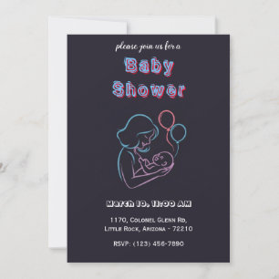 Neon Mother and Baby with Balloons - Babydusche Einladung