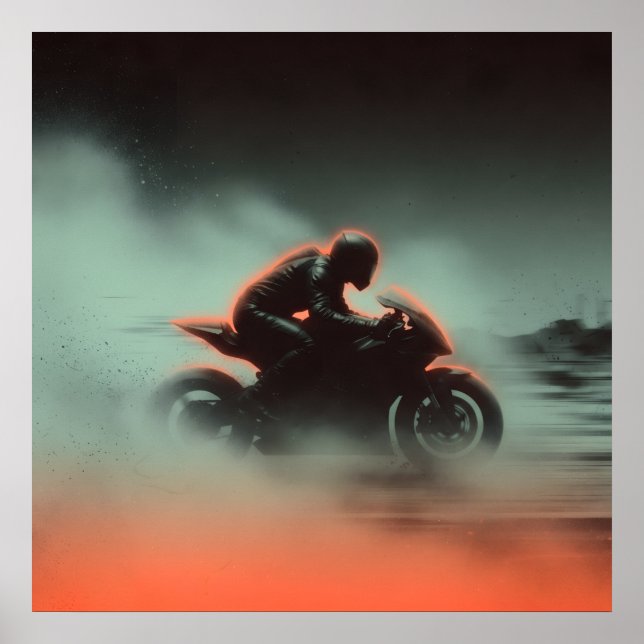 Neon-Motorradfahrer in Regen und Nebel Poster (Vorne)