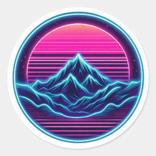 Neon Mountain Circle Design - Retro Outdoor Aesthe Runder Aufkleber