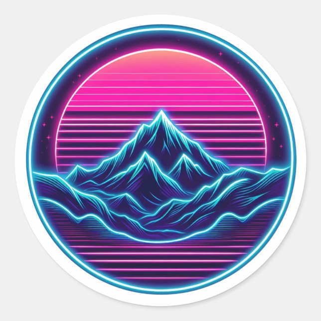 Neon Mountain Circle Design - Retro Outdoor Aesthe Runder Aufkleber (Vorderseite)