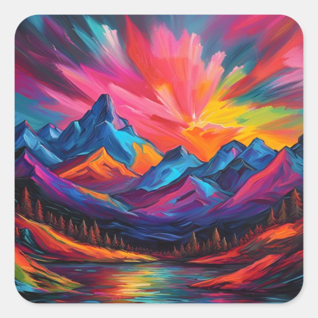 Neon Mountain Sunset Quadratischer Aufkleber (Vorderseite)