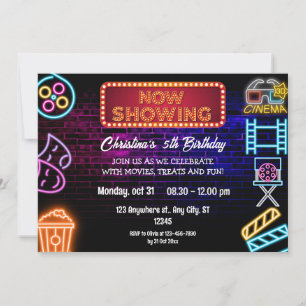 Neon Movie Night Geburtstagsparty Einladung
