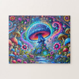 Neon Mushroom Glow Psychedelic Fantasy Forest Puzzle
