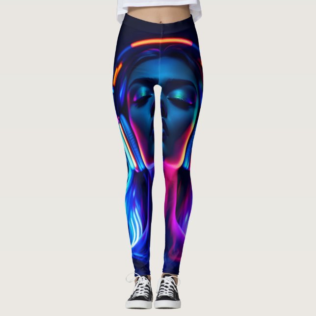 Neon Music Meditation – Woman with Headphones Art Leggings (Vorderseite)