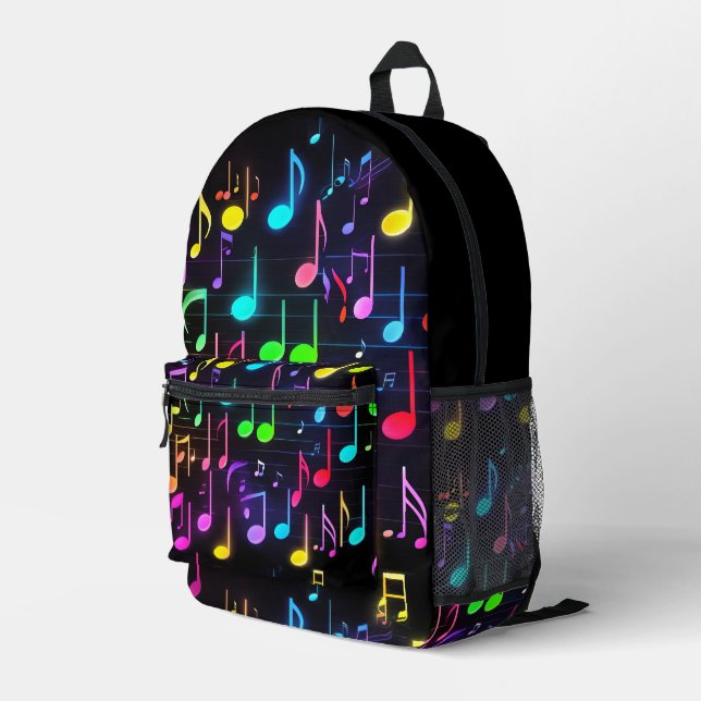 Neon Musiknoten auf schwarz Bedruckter Rucksack (Rückseitige Ecke Rechts)