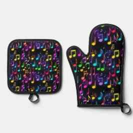 Neon Musiknoten auf schwarz Ofenhandschuh & Topflappen-Set