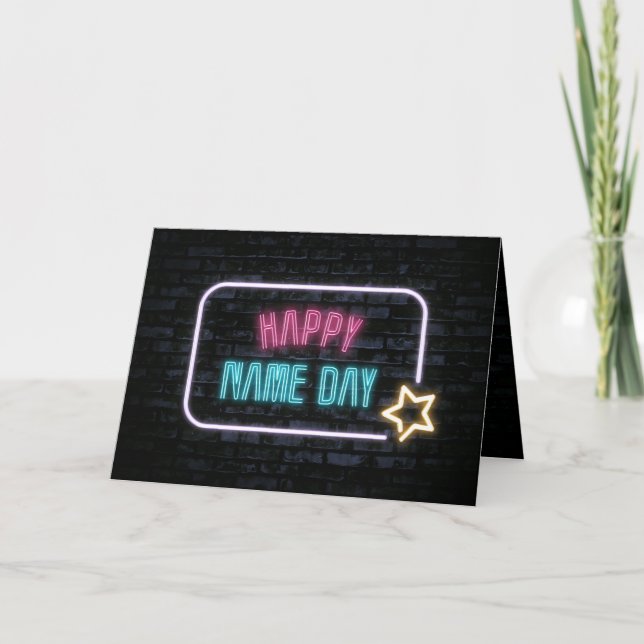 Neon Name Day Marquee on Brick Karte (Vorderseite)