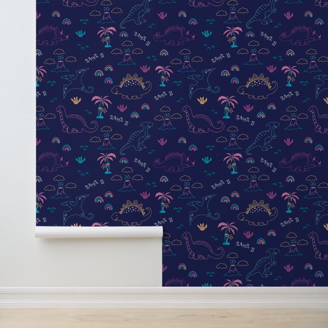 Neon Navy Dinosaur Doodle Wallpaper Tapete (Anwendung)