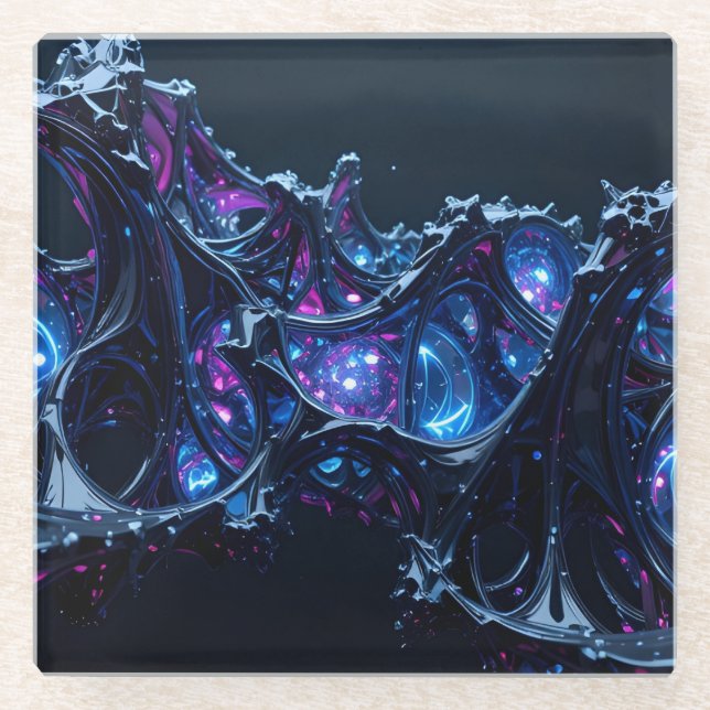 Neon Nexus: Interwoven Techno-Bio Struktur Glasuntersetzer (Vorderseite)