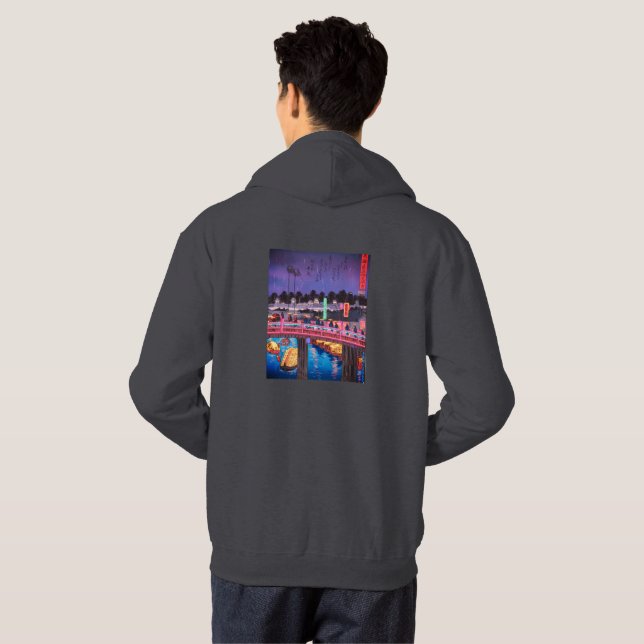 Neon Night Edo: Cyberpunk Nihonbashi & Mount Fuji Hoodie (Schwarz voll)