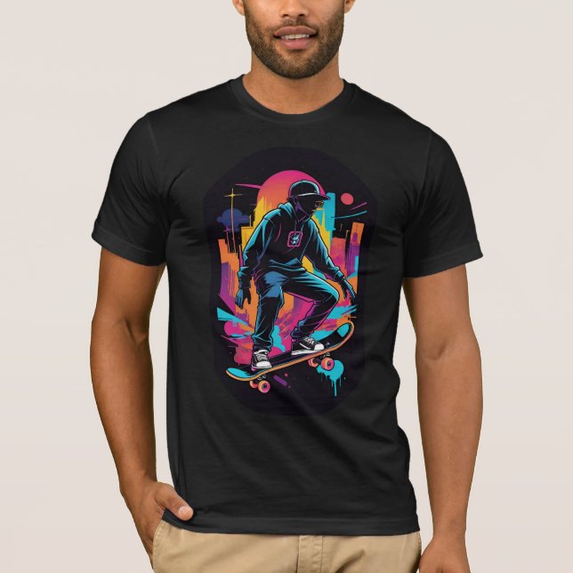 Neon Nights: Graffiti Skateboarder Art T-Shirt (Vorderseite)