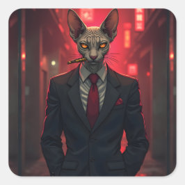 Neon Noir Sphynx Cat in Mafia Style Quadratischer Aufkleber