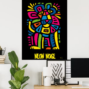 Neon Noise Lion - Abstrakt geometrische Tribal Art Poster