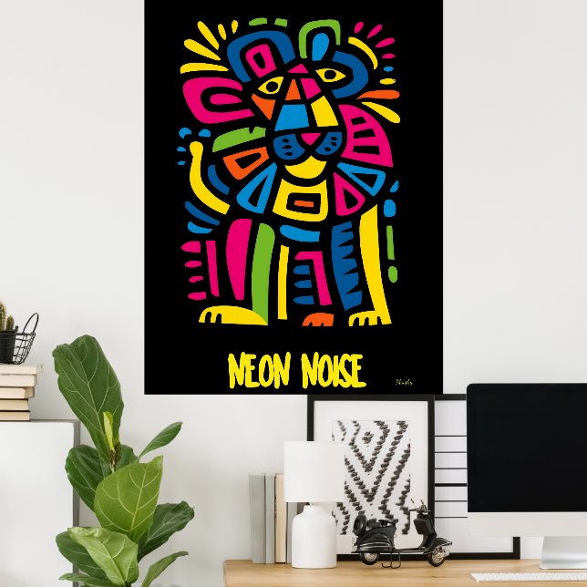 Neon Noise Lion - Abstrakt geometrische Tribal Art Poster (Heimbüro)