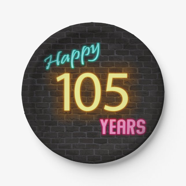 Neon Nummer 105 auf Ziegelwand Pappteller (Vorderseite)