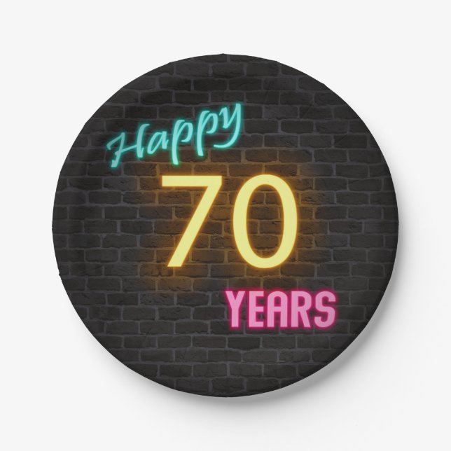 Neon Nummer 70 auf Ziegelwand Pappteller (Vorderseite)