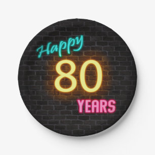 Neon Nummer 80 auf Ziegelwand Pappteller