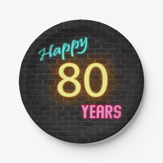 Neon Nummer 80 auf Ziegelwand Pappteller (Vorderseite)