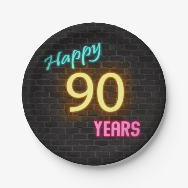 Neon Nummer 90 - Schild an der Backsteinwand Pappteller (Vorderseite)