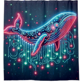 "Neon Ocean Rhythms - Retro Whale Art" Duschvorhang